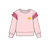 Preorder MOQ 5 pcs GLP4049 Crown Pattern Solid Color Cotton Ruffles Pink Rose Red Girls Set