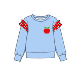 Preorder MOQ 5 pcs GLP4050 Apple Pattern Solid Color Cotton Ruffles Blue Red Girls Set