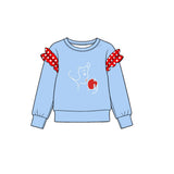 Preorder MOQ 5 pcs GLP4064 Cartoon Apple Pattern Solid Color Cotton Ruffles Blue Red Girls Set