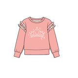 Preorder MOQ 5 pcs GLP4065 Crown Pattern Solid Color Cotton Ruffles Pink Girls Set