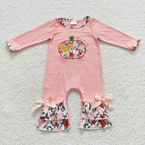 LR0278 Embroidery Flower Pumpkin Pink Ruffle Baby Girl's Romper