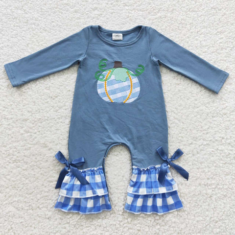 LR0318 Embroidery Pumpkin Blue Plaid Baby Girl's Romper