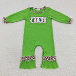 LR0324 Embroidery Christmas Green Plaid Baby Girl's Romper