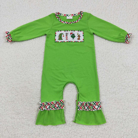 LR0324 Embroidery Christmas Green Plaid Baby Girl's Romper