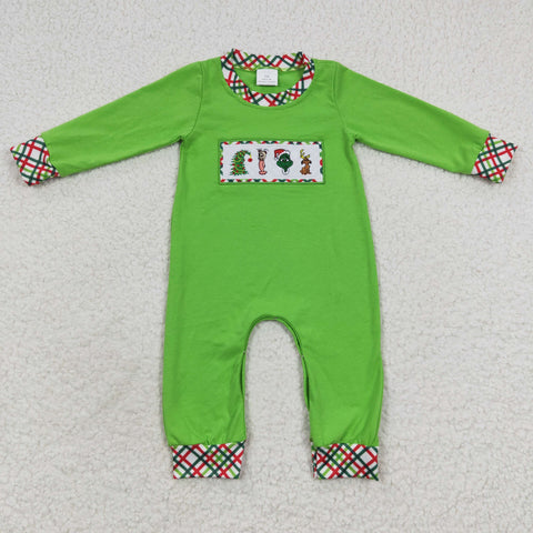 LR0325 Embroidery Christmas Green Plaid Baby Boy's Romper