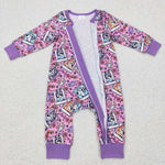 LR0331 Cartoon Blue Dog Pink Zip Baby Romper Onesie Girl