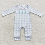 LR0335 Embroidery Christmas Trees Plaid Cute Baby Romper Onesie Boy