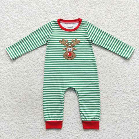 LR0338 Embroidery Christmas Elk Deer Green Stripe Baby Boy Romper