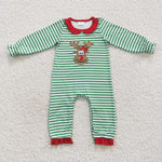 LR0339 Embroidery Christmas Elk Deer Green Stripe Baby Girl Romper