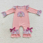 LR0358 Embroidery Thanksgiving Turkey Flower Pink Baby Girl's Romper