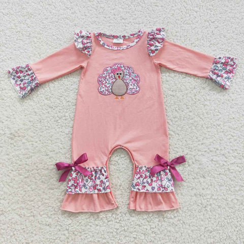 LR0358 Embroidery Thanksgiving Turkey Flower Pink Baby Girl's Romper