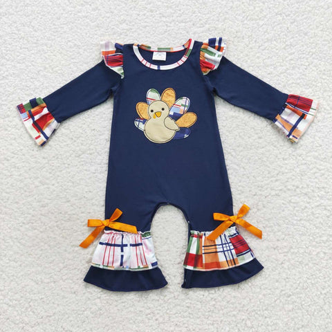 LR0366 Embroidery Thanksgiving Turkey Blue Baby Girl's Romper