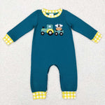 LR0377 Embroidery Farm Truck Green Cow Baby Boy's Romper