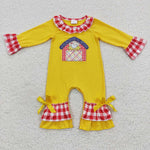 LR0383 Embroidery Farm Chick Yellow Red Plaid Baby Girl's Romper