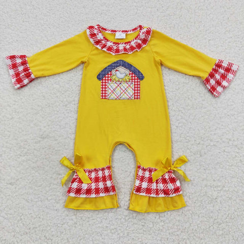 LR0383 Embroidery Farm Chick Yellow Red Plaid Baby Girl's Romper