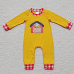 LR0384 Embroidery Farm Chick Yellow Red Plaid Baby Boy Romper