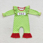 LR0387 Embroidery Christmas Green Dots Baby Girl's Romper