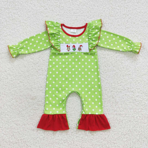 LR0387 Embroidery Christmas Green Dots Baby Girl's Romper