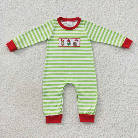 LR0388 Embroidery Christmas Green Stripe Baby Boy Romper