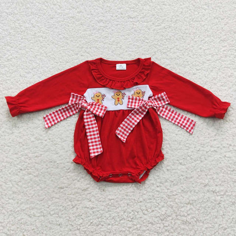 LR0393 Embroidery Christmas Gingerbread Red Baby Girl's Romper