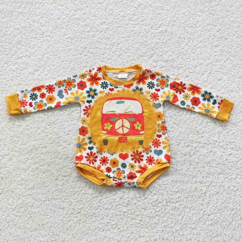 LR0399 Flower Bus Orange Baby Girl's Bubble Romper