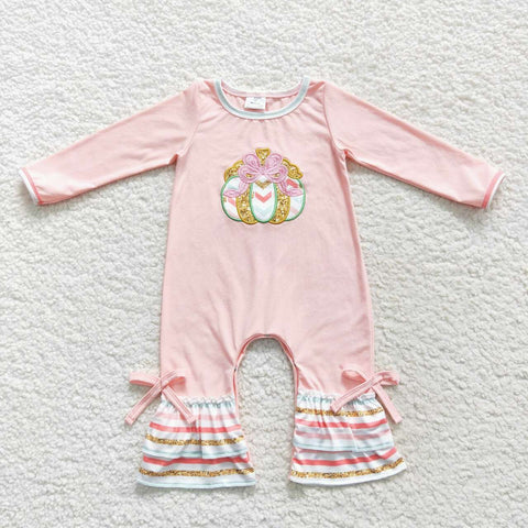 LR0402 Embroidery Pumpkin Pink Stripe Baby Girl's Romper