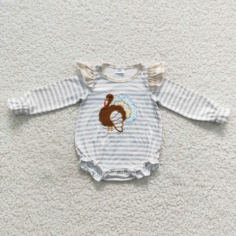 LR0426 Thanksgiving Embroidery Turkey Baby Bubble Girl's Romper