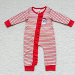 LR0441 Christmas Embroidery Santa Red Stripe Baby Zip Sleeper