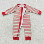 LR0442 Christmas Embroidery Santa Red Stripe Baby Zip Sleeper