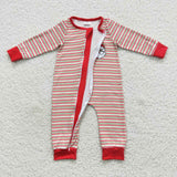 LR0442 Christmas Embroidery Santa Red Stripe Baby Zip Sleeper