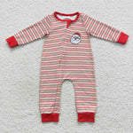 LR0442 Christmas Embroidery Santa Red Stripe Baby Zip Sleeper