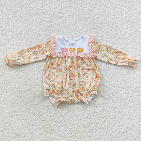 LR0450 Embroidery Pumpkin Flower Orange Baby Bubble Romper