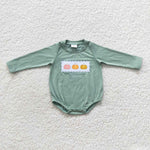 LR0451 Embroidery Pumpkin Mint Plaid Baby Bubble Romper