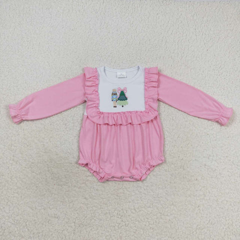 LR0480 Embroidery Christmas Nutcracker Trees Pink Baby Girl's Romper