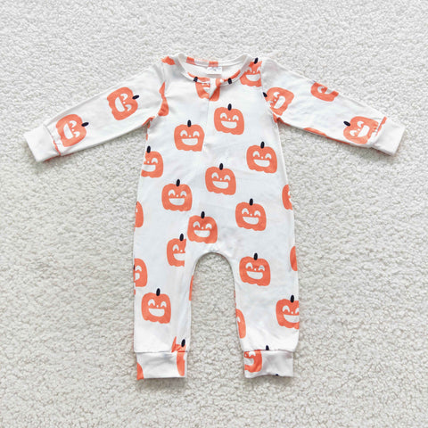 LR0495 Halloween Pumpkin White Baby Zip Sleeper