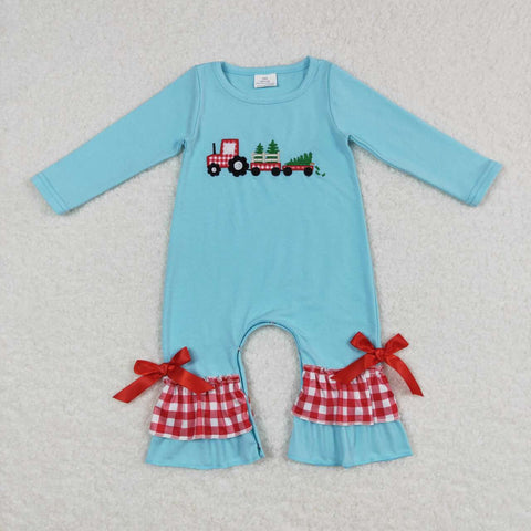 LR0499 Embroidery Christmas Trees Blue Red Plaid Baby Girl's Romper