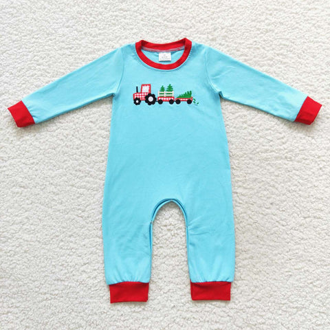 LR0500 Embroidery Christmas Trees Blue Red Baby Boy Romper