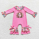 Embroidery Pumpkin Pink Flower Ruffle Kids Sibiling Matching Clothes