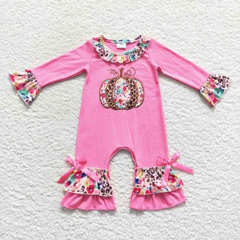 LR0511 embroidery Pumpkin Flower Leopard Pink Baby Girl's Romper