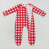 LR0549 Christmas Red Plaid Feet Baby Zip Sleeper