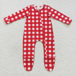 LR0549 Christmas Red Plaid Feet Baby Zip Sleeper