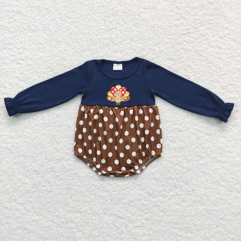 LR0605 Embroidery Turkey Dots Girl Baby Bubble Romper