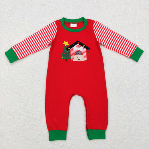 LR0659 Embroidery Christmas Dog Red Stripe Baby Kids Romper