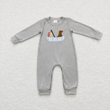 LR0690/BLP0350 Embroidery Fishing Dog Plaid Grey Kids Sibling Matching Clothes