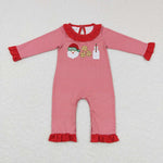 LR0708 Embroidery  Christmas Santa Cookie Milk Red Stripe Girl Romper