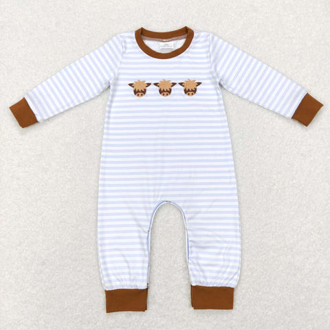 LR0723 Embroidery Cow Brown Stripe Boy Romper