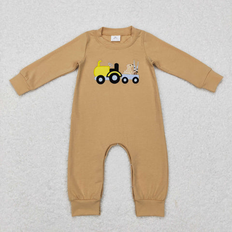 LR0729 Embroidery Truck Dog Khaki Boy Romper