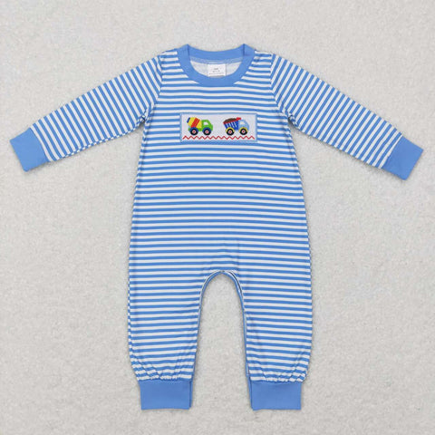 LR0750 Embroidery Fire truck Blue Stripe Baby Boy Romper