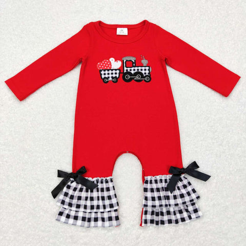 LR0780 Embroidery Red Truck Bow Tie Baby Girl's Romper