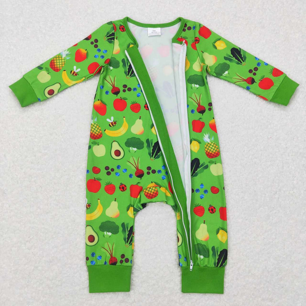 LR0781 Green Apple Zipper Baby Girl's Romper